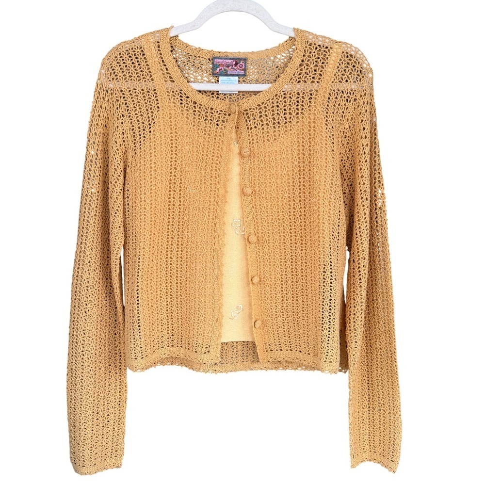 A8 90s VTG April Cornell Crochet Knit Cardigan Sweater Camisole Set‎ Yellow